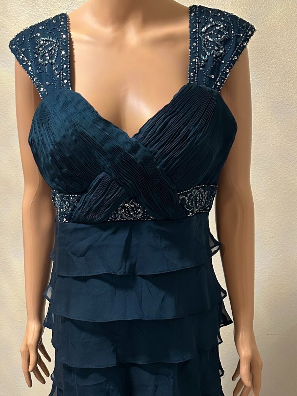 Dark Blue Beaded Tiered Maxi Evening Dress